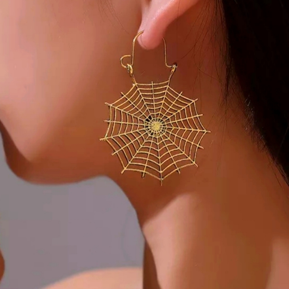 Gold Tone Spider Web Dangle Earrings